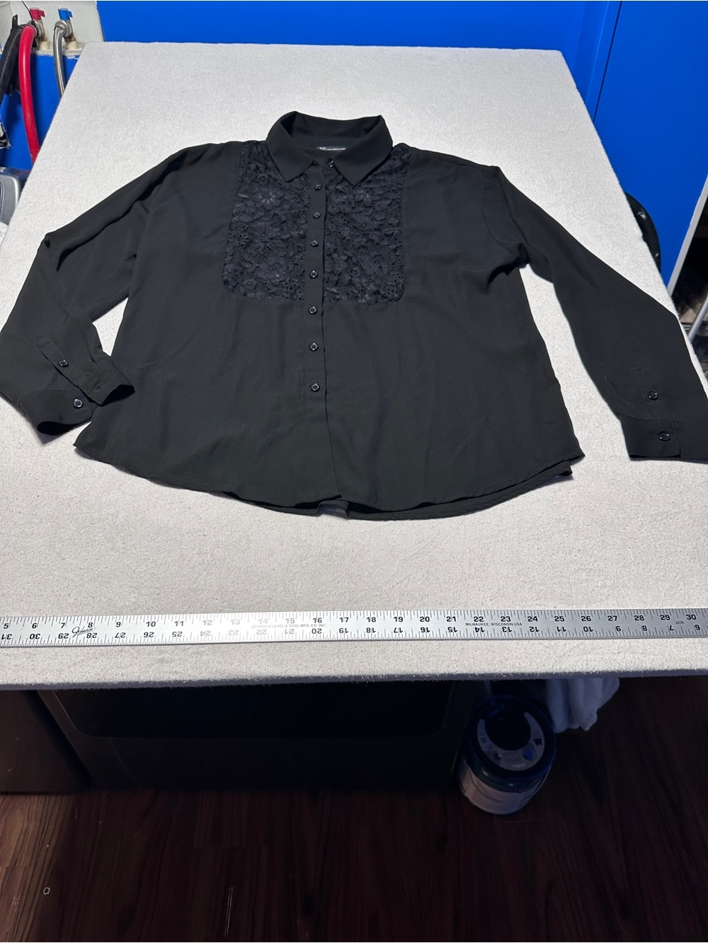 New York & Company Black Lace Bib Button-Down Shirt
